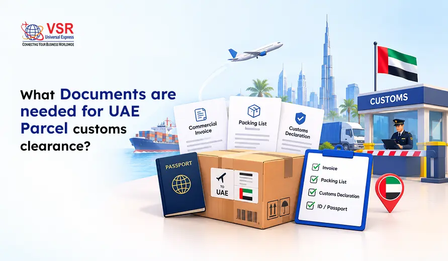 UAE parcel customs explainer: a cardboard shipment with passport and paperwork beside a customs officer, UAE flag, Dubai skyline, and airplane.
