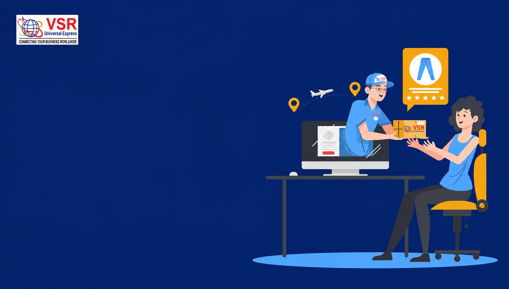 Illustration of a delivery person handing a VSR Universal Express package from a computer screen to a seated customer.
