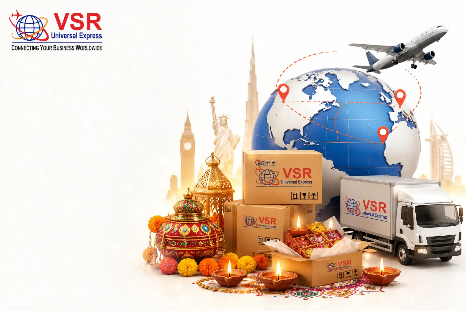 VSR Universal Express logo with global shipping symbols, truck, airplane, world map, and festive Indian decorative items and lamps.