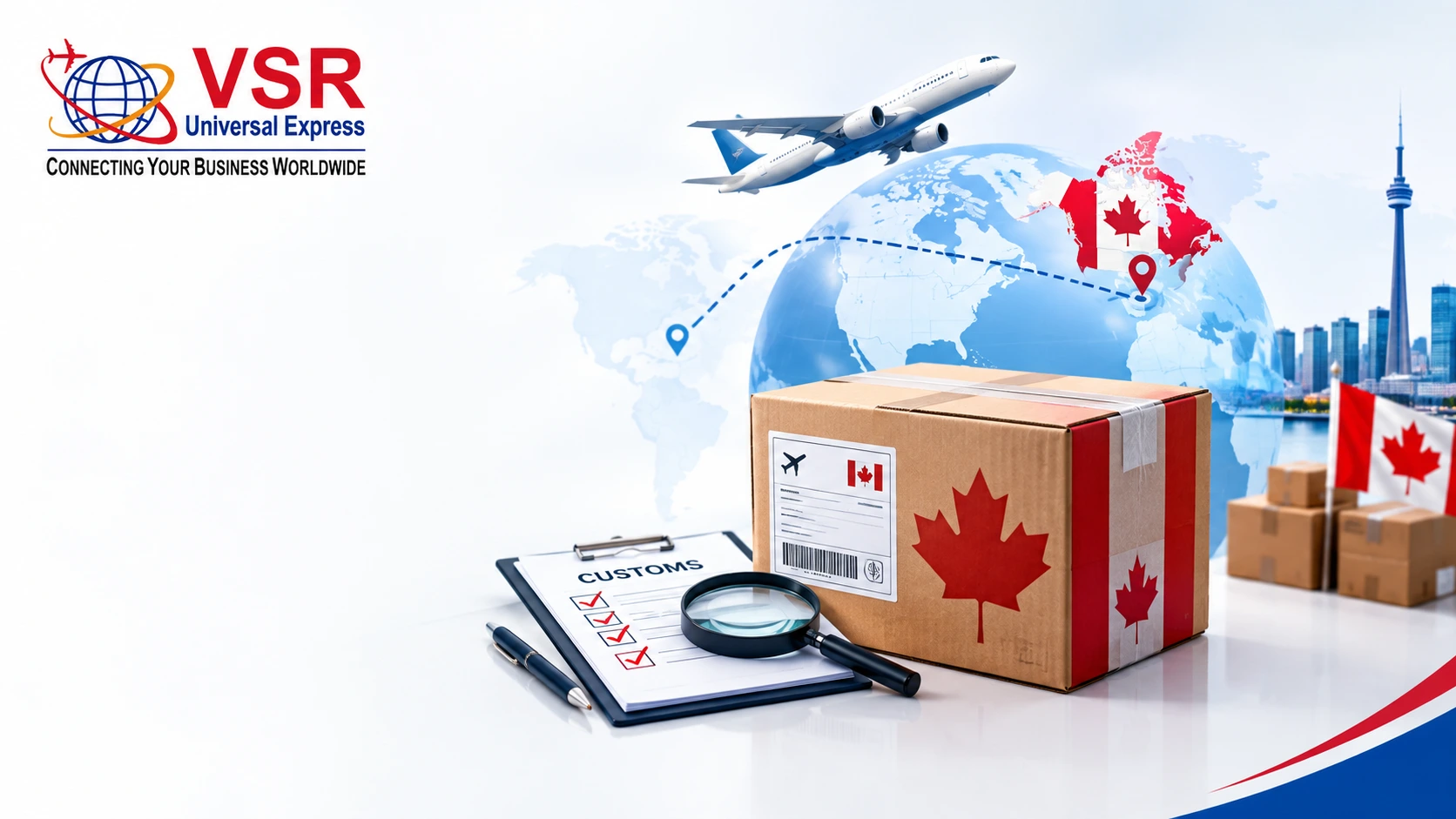 VSR Universal Express logo and a Canadian-themed shipping box with customs checklist, airplane, world map, and Canadian flags indicating global delivery service.