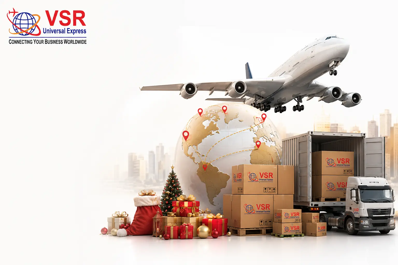 Airplane, cargo truck, and packages with gifts around a globe marked with location pins, illustrating VSR Universal Express global shipping.