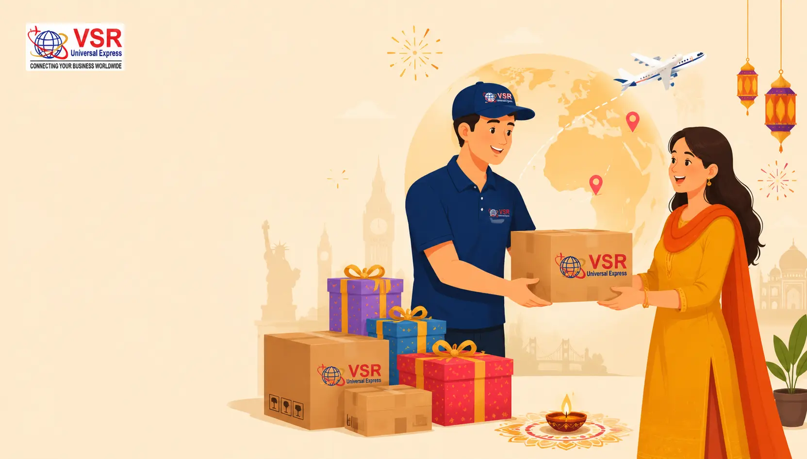 Delivery man handing a package to a woman, with VSR Universal Express branding, gifts, landmarks, and an airplane in the background.