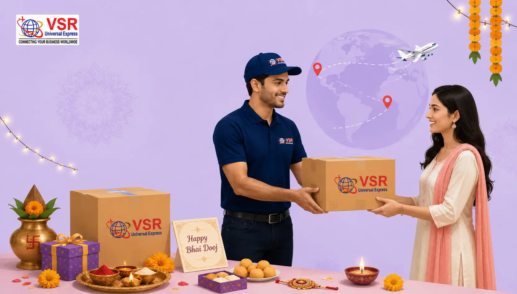 A delivery man in VSR uniform hands a package to a woman during Bhai Dooj celebration, with festive decor and global delivery theme.