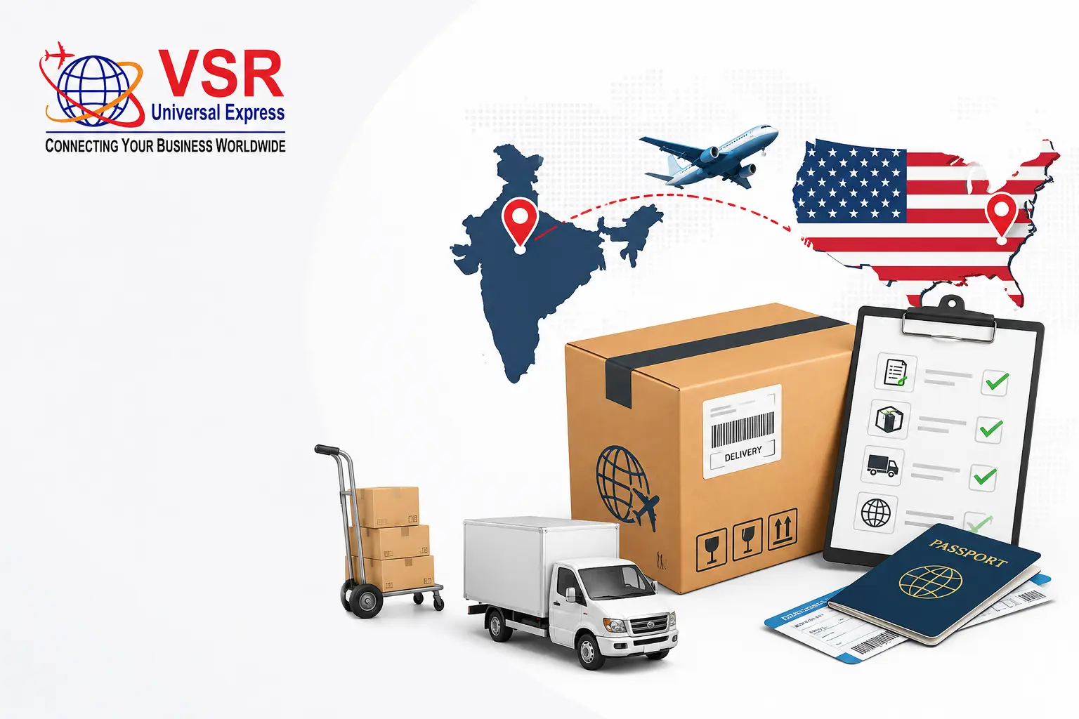 VSR Universal Express logo with India to USA air shipment route, delivery box, checklist, passport, truck, and hand truck with packages.
