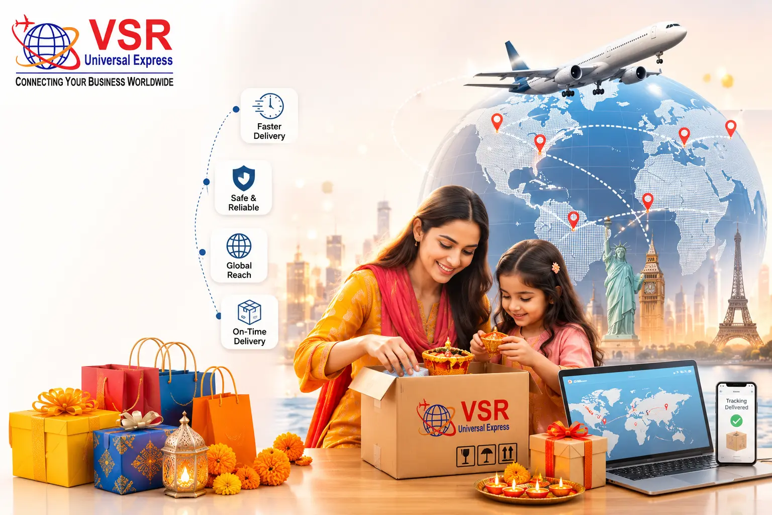 Two women sit with gifts and sweets, opening a VSR Universal Express box. A world map, airplane, and delivery icons highlight global shipping and delivery services in the background.