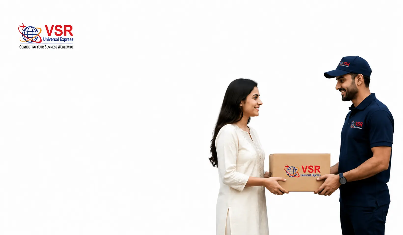 Delivery person in uniform handing a VSR Universal Express package to a woman, white background, company logo in top left corner.