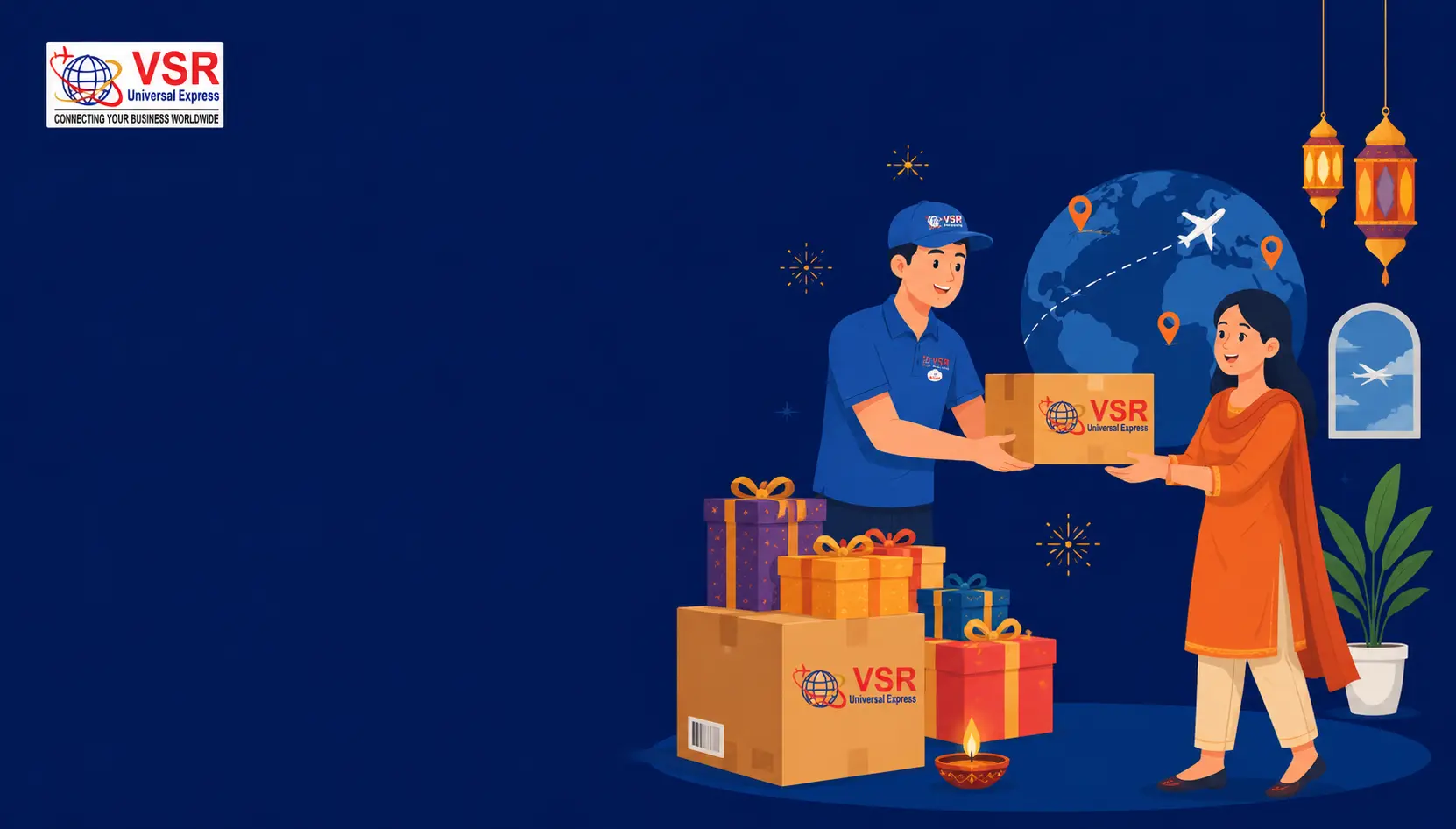 Delivery person handing a package to a woman, with gift boxes, globe, airplane, and VSR Universal Express branding on a dark blue background.
